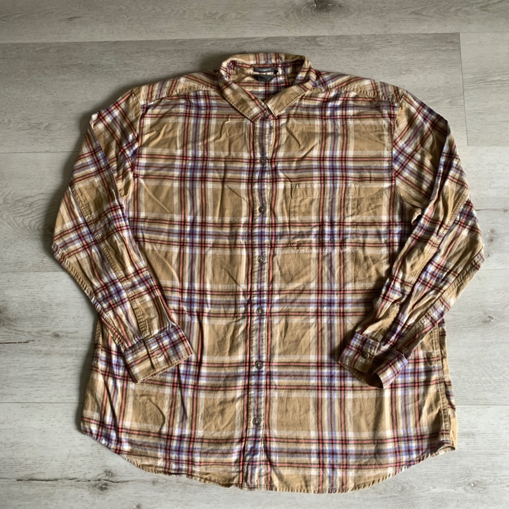 Eddie Bauer Womens XL Tall Plaid Button Down Shirt Tan Boyfriend Fit Long Sleeve
